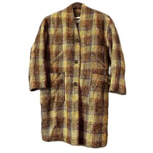 The Korner Brown Tan Oversized Plaid Button-Up Trench Coat Jacket Size Small